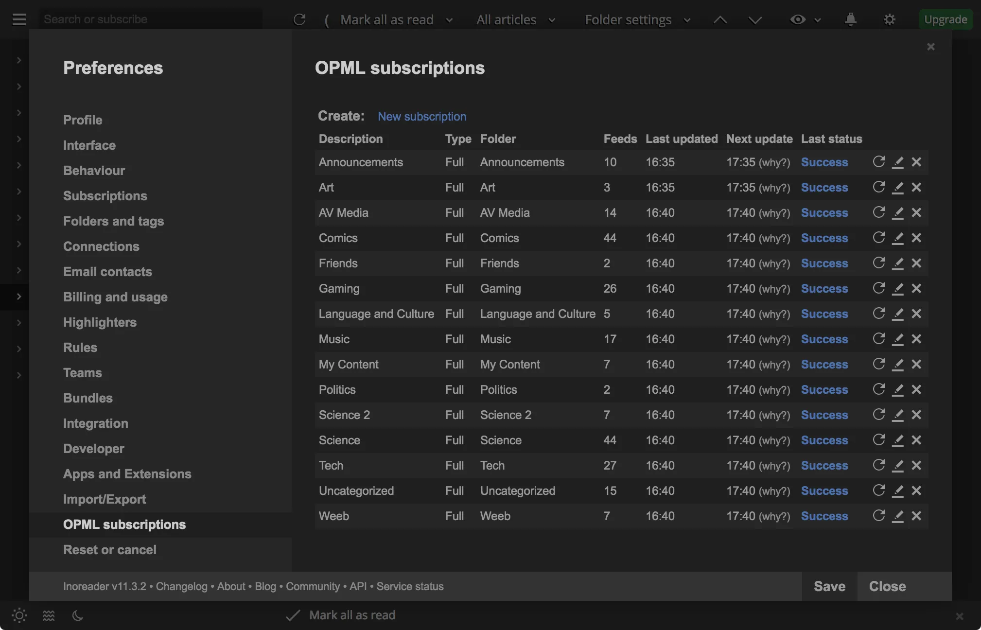 My OPML subscriptions in Inoreader.